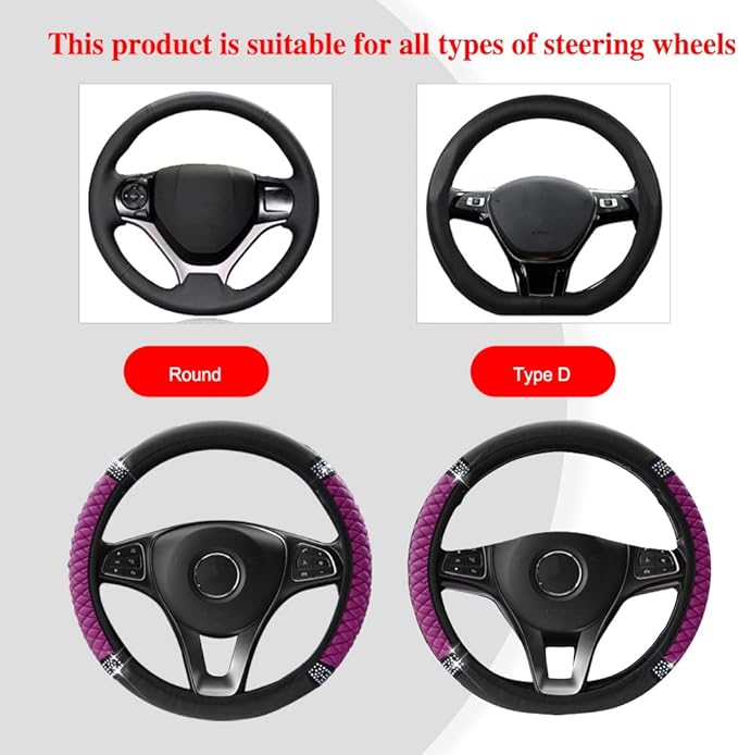 Bling Soft Leather Steering Wheel Cover, Anti-Slip Car Steering Wheel Protector, 15 Inch Rhinestones Soft Leather Elastic Steering Wheel Protector for Women Girls, Car Accessories for Most Cars