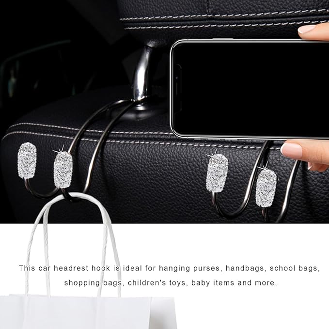 2PCS Car Headrest Hook, Bling Diamond Auto Hooks Stainless Steel Backseat Hangers, Universal Rhinestone Cute Seat Back Organizer Hanger for Purse Bag Clothes, Car Accessories (Black)