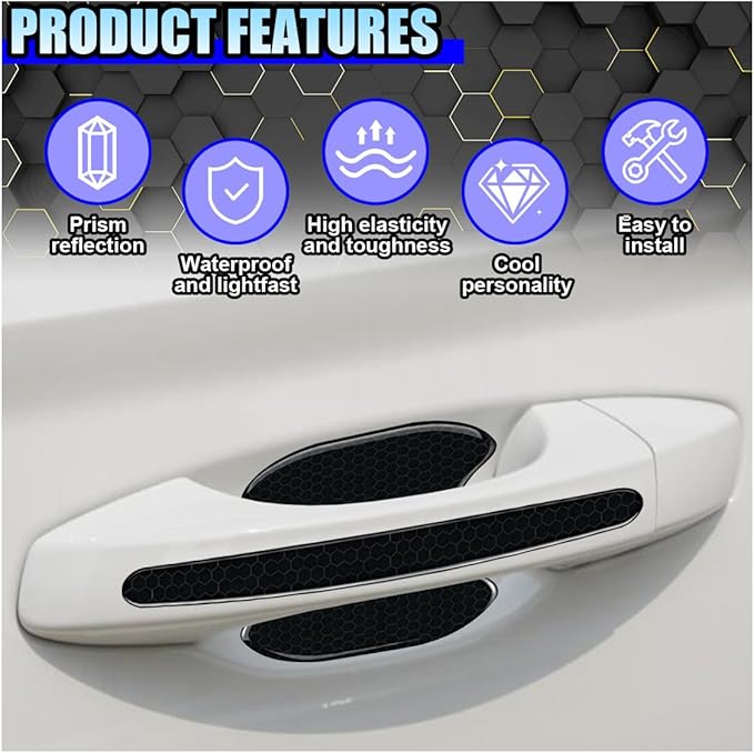 8PCS Car Door Handle Bowl Sticker, Reflective Anti-Scratch Auto Door Handle Cup Protector, Self-Adhesive Door Side Handle Paint Protective Film, Universal Vehicle Decoration Accessory (Black)
