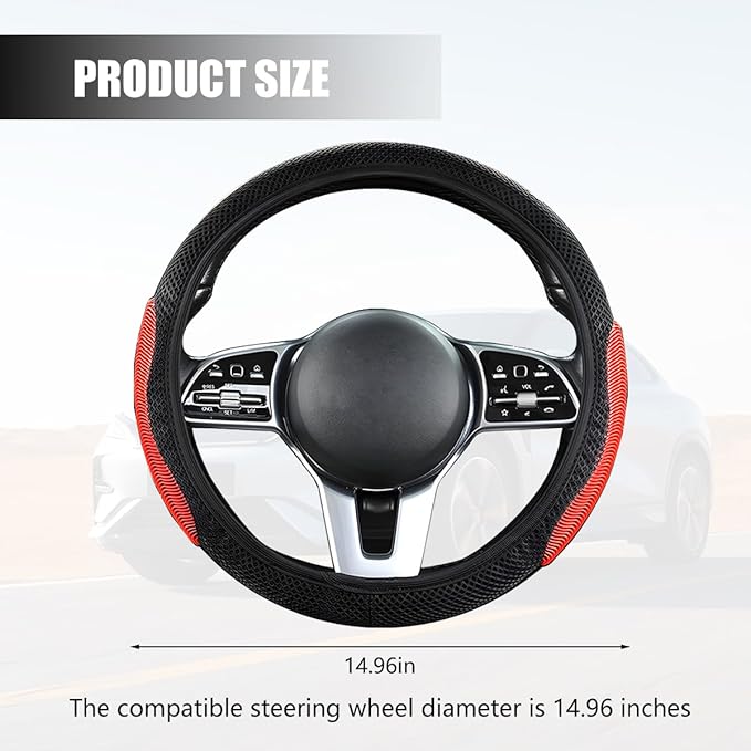 Elastic Stretch Car Steering Wheel Cover, Breathable No Inner Ring Vehicle Steering Wheel Protector, 15 Inch Ice Silk Anti Slip Automotive Accessories, Universal Fit (Black/Red)