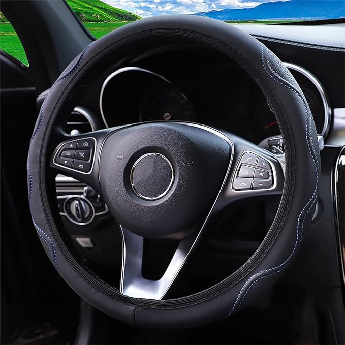 Elastic Stretch Steering Wheel Cover Universal 15 inch Steering Wheel Covers Soft Microfiber Leather Breathable Anti-Slip Durable Car Accessories Fit for Suvs, Vans, Trucks - Blue