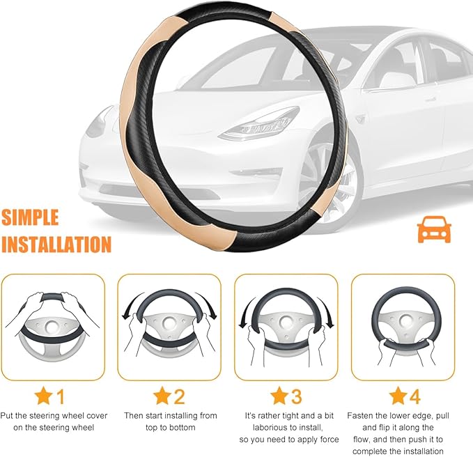 Carbon Fiber Car Steering Wheel Cover, 14.5-15 Inch Elastic Stretch Steering Wheel Guard, Sports Style Non-Slip Automotive Interior Accessories, Universal for Vehicles (Black/Beige)