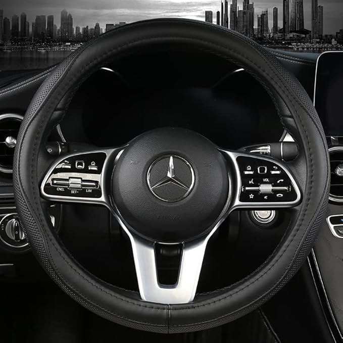 Cowhide Steering Wheel Cover Heat Resistant Anti-Slip Car Wheel Wrap Compatible with Most Makes and Models of Cars and Trucks with 14.5 to 15 Inch Steering Wheel(Black)