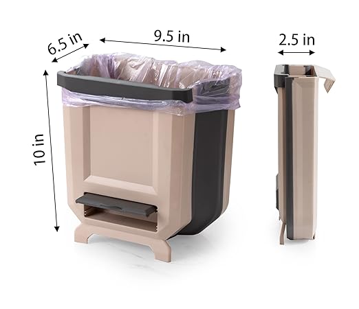 Hanging Kitchen Trash Can, Foldable Waste Bin for Kitchen, Collapsible Hang Small Plastic Garbage Can 2.4 Gallon for Cabinet/Car/Bedroom/Bathroom (Brown)
