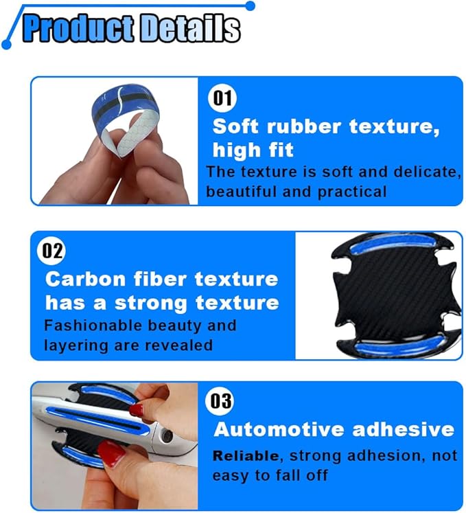 8PCS Reflective Car Door Handle Protector Sticker, Carbon Fiber Auto Door Handle Cup Paint Guard Protective Film, Anti-Scratches Car Door Handle Bowl Sticker, Self-Adhesive & Non-Marking (Blue)