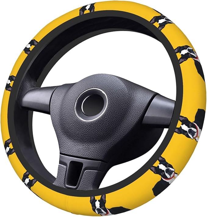 Boston Terrier Print Car Steering Wheel Cover, 15 Inch Steering Wheel Cover Stylish Decor for Most Cars