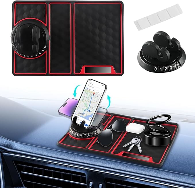 NHHEO Car Anti Slip Mat Dashboard Tray Decorations Sticky Pad 4 in 1 Multi Functional with 360° Rotating Universal Phone Pad Holder+Number Plate, Washable Car Dash Mat(Black&Red)