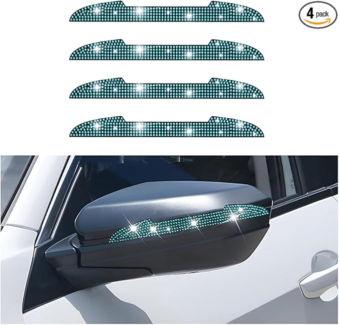 4PCS Bling Car Rear View Mirror Anti-Scratch Stickers Protector, Rhinestone Auto Door Handle Edge Guards, Crystal Anti-Collision Strip Decal, Car Exterior Decoration Accessories for Women (Light Blue)