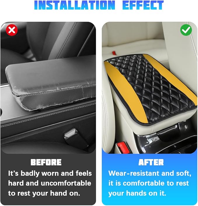 Car Center Console Cover, Comfortable PU Leather Vehicle Armrest Storage Box Cushion Pad, Anti-Scratch Automotive Interior Arm Rest Cover Protector, Universal for Truck SUV Sedan (Yellow)