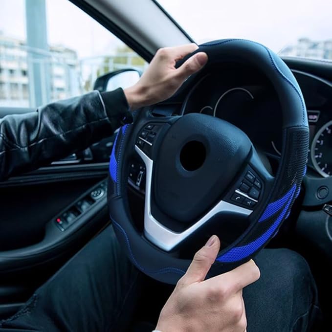 Alusbell Microfiber Leather Steering Wheel Cover Breathable Auto Car Steering Wheel Cover for Men Large-Size with 15 1/2 inches-16 inches Outer Diameter Blue