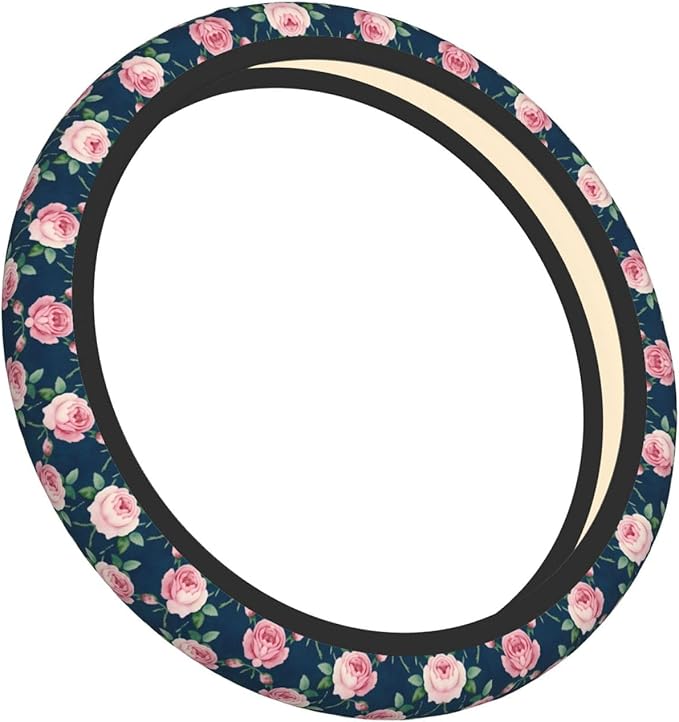 Rose Navy Floral Neoprene Steering Wheel Covers Women Men Car Accessories, Universal 15 Inch Fit Auto, Suvs, Truck