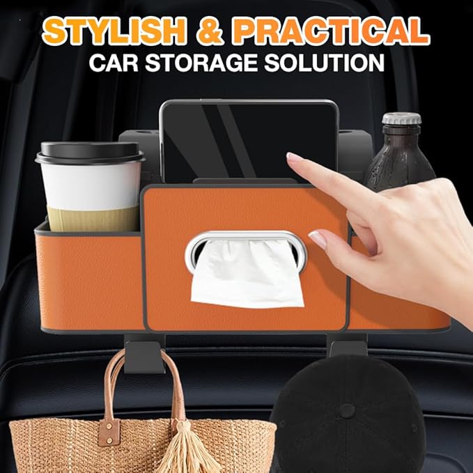 Back Seat Car Organizer,3 in 1 Car Backseat Storage Box with Cup Holder,Tissue Box,Trash Bin&Hooks,Multifunctional Waterproof Storage for Hold Phones Snacks Drinks Handbags (2, Orange)