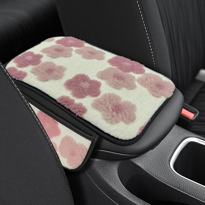 Car Center Console Cover, Soft Fluffy Car Armrest Seat Box Cushion Pad with 2 Storage Bags, Universal Vehicle Interior Protector Accessories for Most Sedans, SUVs, Trucks (Pink)