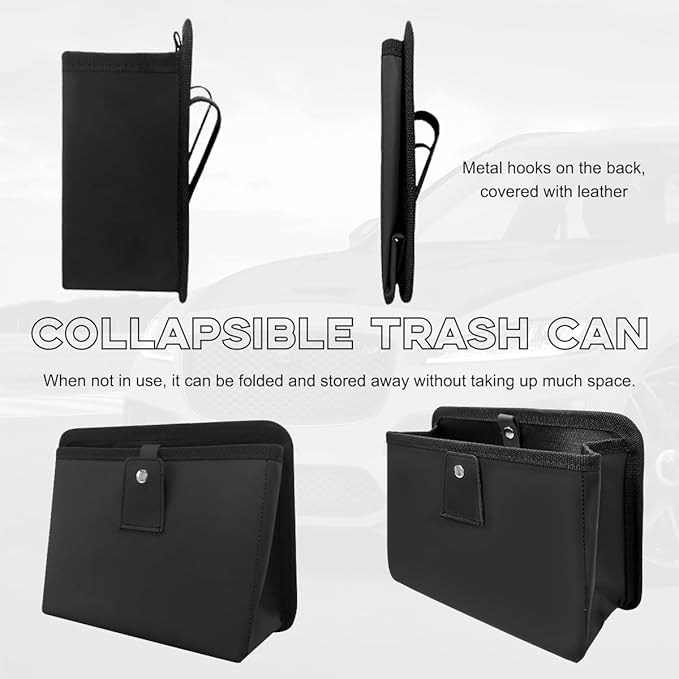 Car Trash Can, Foldable Waterproof Leather Car Garbage Organizer Holder, Automotive Mini Dustbin Container with One Roll Trash Bag, Universal Interior Car Accessories (Black, M)