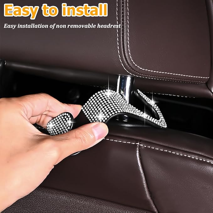 HZEL Bling Car Seat Headrest Hooks, 4PCS Crystal Rhinestone Vehicle Seat Back Hanger Holder for Purses Bag Handbags, Diamond Headrest Storage Organizer, Universal Auto Accessories (Lake Blue)