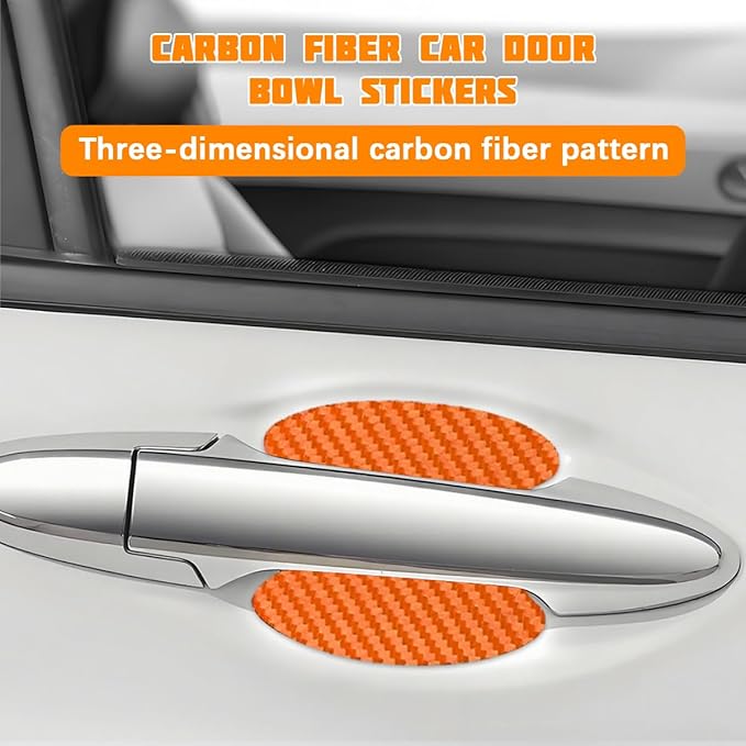 Car Door Handle Cup Protector, 4PCS Carbon Fiber Anti-Scratch Vehicle Door Handle Bowl Sticker, Self-Adhesive Automotive Paint Protective Film, Universal for SUV RV Truck (Orange)