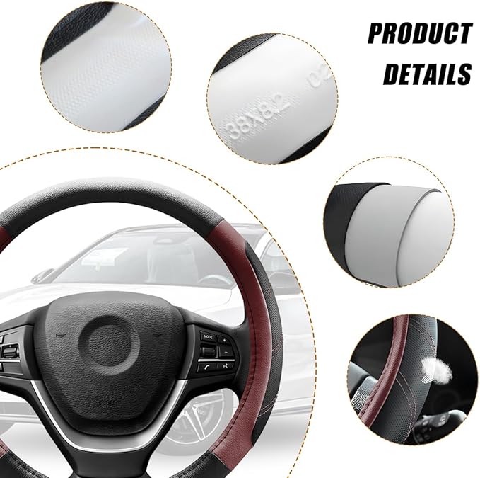 Car Steering Wheel Cover, 15 Inch Carbon Fiber Leather Non-Slip Steering Wheel Protector with Lining, Breathable Automotive Interior Accessories, Universal for SUV RV Truck (Wine Red)