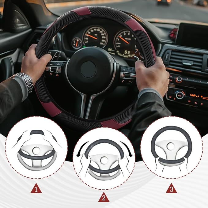 Car Steering Wheel Cover, Steering Wheel Protector, Universal 14.5-15 Inch Microfiber Leather Breathable Auto Steering Wheel Covers, Carbon Fiber Steering Wheel Cover for Women Men (Wine)