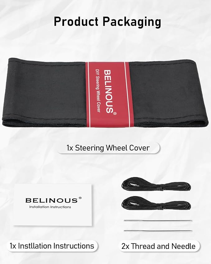 BELINOUS Suede Leather Steering Wheel Cover, DIY Stitch-On Steering Wheel Wrap with Needle & Thread, Non-Slip & Sweat-Absorbing, Universal Fit for 13.75-16 Inch (Size L0, Black)