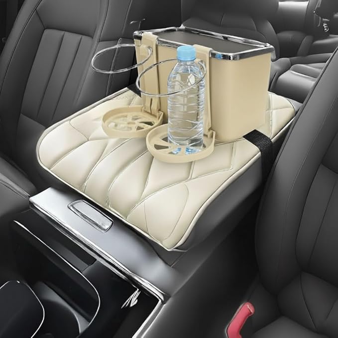 Armrest Organizer with Twin Fold-Flat Cup Holders, Between Seat Center Console Storage Box for Tissue, Water Tumbler Smartphone Wallet, Car Truck Universal Tray Multifunctional Interior Accessories