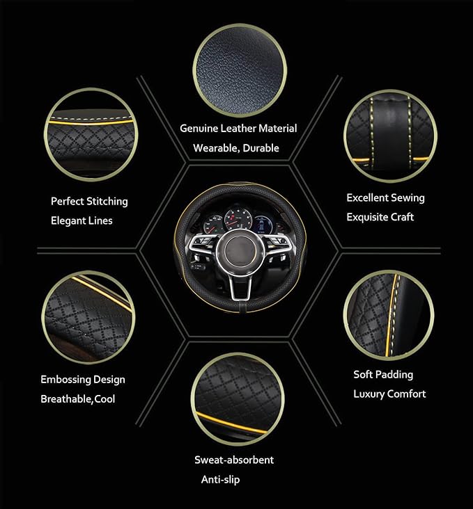 Gomass Car Steering Wheel Cover, Anti-Slip, Safety, Soft, Breathable, Heavy Duty, Thick, Full Surround, Sports Style (Black with Yellow Line)
