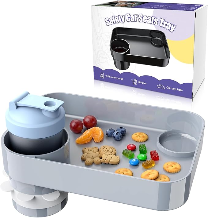 Car Seat Snack Tray for Kids, Square Car Seat Cup Holder Snack Tray with Adjustable Base, Durable CarSeat Tray for Toddlers, Universal Fit for Tesla, Safety Seats, Car Center Consoles (Gray)