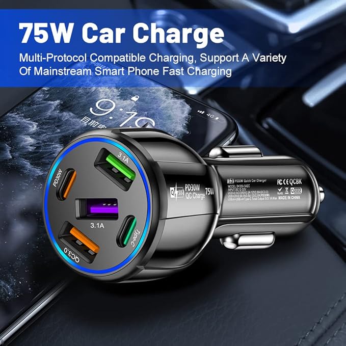 75W USB C Car Charger 5-Port Car Charger Adapter, PD & QC3.0 Fast Charging Cigarette Lighter USB Charger for iPhone/Android/Samsung Galaxy S10 S9 Plus (Black)