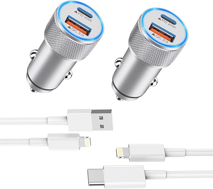 Fast iPhone Car Charger,【2Pack】38W Dual Port PD&QC3.0 Fast Charger Car [Apple MFi Certified] Cigarette Lighter Car Power Adapter with 2pack Lightning Cable for iPhone 14/13/Pro/Max/12/11/X/8 (Silver)