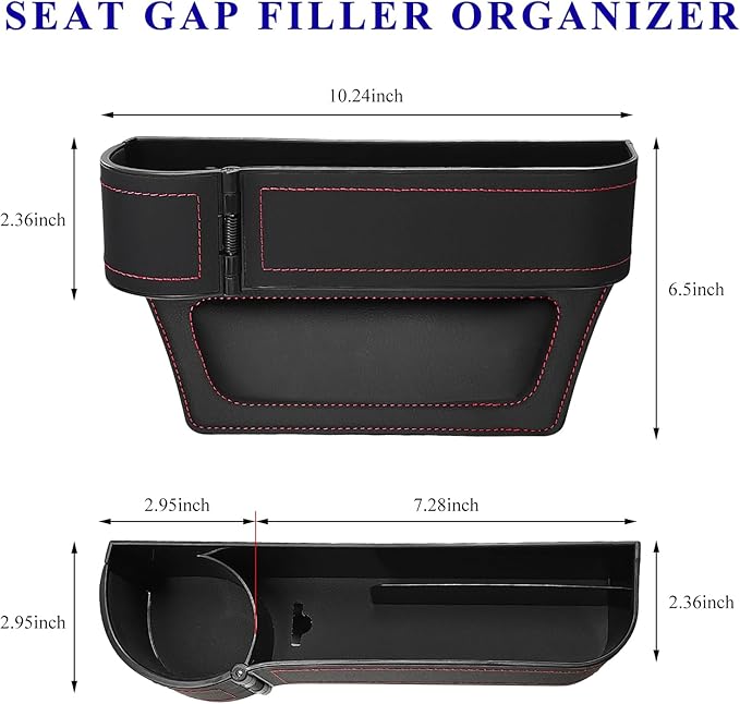 Car Seat Gap Filler Organizer, Auto Leather Seat Organizer with Adjustable Cup Holder, Multifunctional Side Insert Center Console Storage Box for Phone Drink Sunglasses (Black & Red)