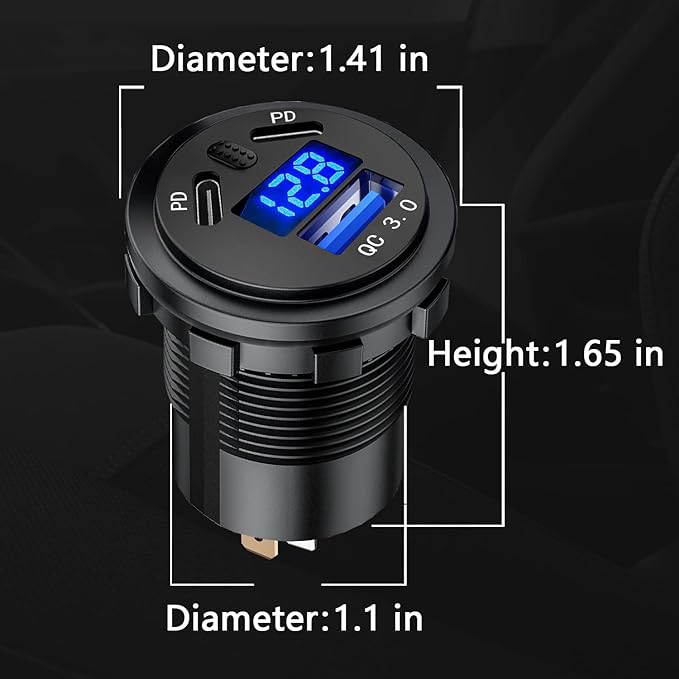 BATIGE 3 Ports Car Charger Socket Dual 45W PD Type C & 18W QC 3.0 with Voltmeter and Button Switch, USB Charger Socket for 12V/24V Car Boat Marine ATV Bus Truck RV Motorcycle