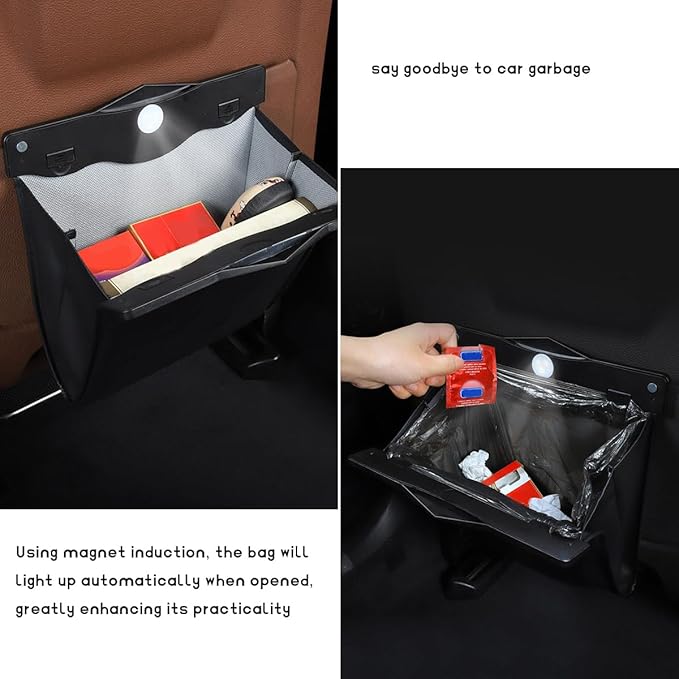 Smart LED Car Trash Can, Magnetic Leather Passenger Side Storage Pocket with Disposable Rubbish Bags, Waterproof Garbage Bag Multipurpose Hanging Container for Back Seat (Black)