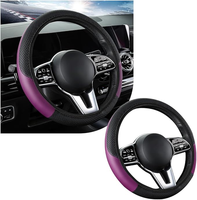Car Steering Wheel Cover, 15 Inch Leather Breathable Auto Steering Wheel Protector, Comfortable Non-Slip Vehicle Steering Wheel Covers, Universal Interior Car Accessories (Black+Purple, AD)