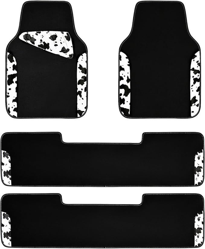 CAR PASS Waterproof Universal 3 Row Car Floor Mats, Cow Print Car Mats Fit for SUV,Vans,sedans, Trucks,Set of 3 Row Vehicles Car Carpet with Heel Pad and Nibs Backing, Cute Women Girly (Black White)