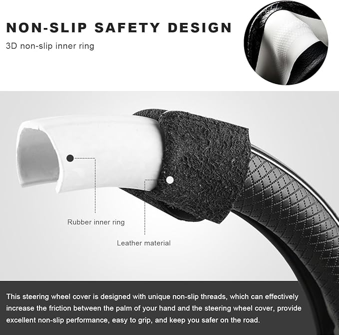 Car Steering Wheel Cover, 15 Inch Anti-Slip Breathable Leather Auto Steering Wheel Protector, Full Surround Soft Steering Wheel Cover for Men Women, Car Interior Accessories (Black & Blue)