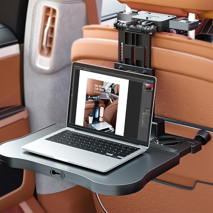 Foldable Travel Tray for Rear Passenger Seat, Car Food Trays for Eating, Car Desk for Laptop Working on The Road with Non-Slip Mat