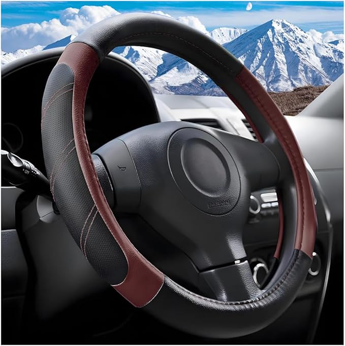 Car Steering Wheel Cover, 14.5-15" Non-Slip Leather Sporty Vehicle Steering Wheel Protector, Breathable Auto Interior Decoration Accessories, Universal for Van Truck Sedan (Wine Red)