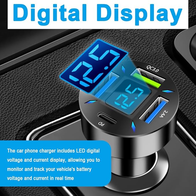 4 in 1 Cigarette Lighter USB Charger with Voltage Display,50W Car Charger USB C Fast Charge for 12-24V Cars,Multi Port Cars Cigarette Lighter Adapter Compatible with iPhone Car Accessories