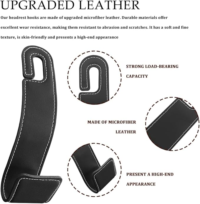 2PCS Purse Holder for Car, Purse Hook for Car, Leather Headrest Hooks for Automotive Back Seat, Auto Accessories Back Seat Organizer Hook for Grocery Bag Handbag Coat (Black, 2PCS)