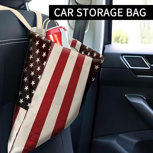 Car Trash Can, Cute Car Trash Bag, Hanging Car Organizer and Storage Bag, Trash Bin for Car Accessories, Vehicle, Travelling, Camping Retro American Flag