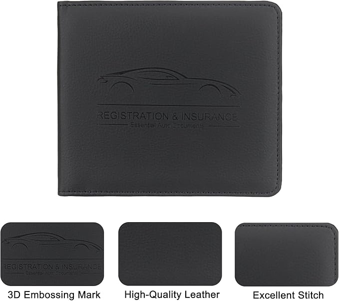 LumiMokki Car Registration and Insurance Holder, Leather Registration and Insurance Card Holder, Vehicle Glove Box Organizer - For Documents, Cards, License (Black)
