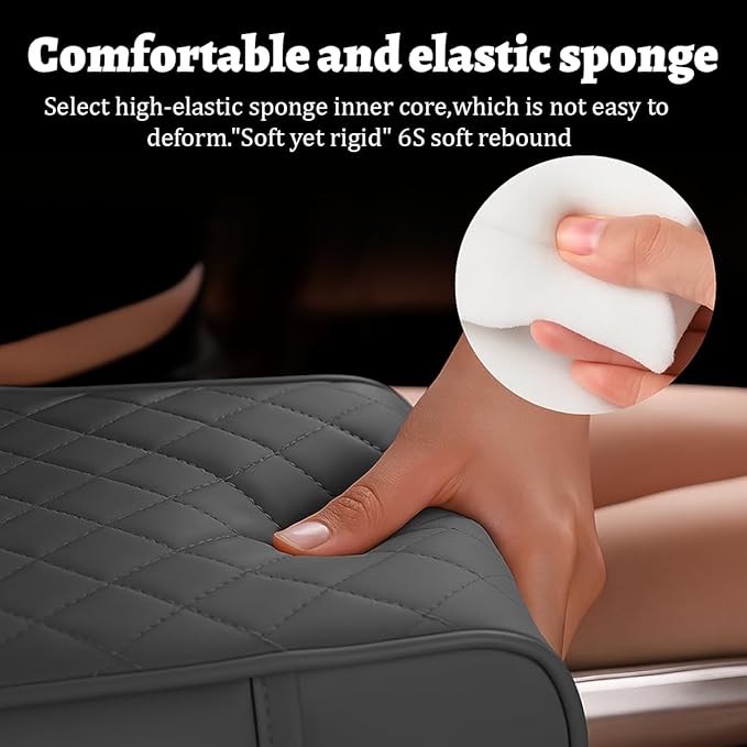 Car Center Console Cover, Memory Foam Nappa Leather Vehicle Armrest Cushion with Tissue Box, 2 Storage Bag & Holder, Automotive Arm Rest Protector Accessories, Universal Fit (Light Gray)