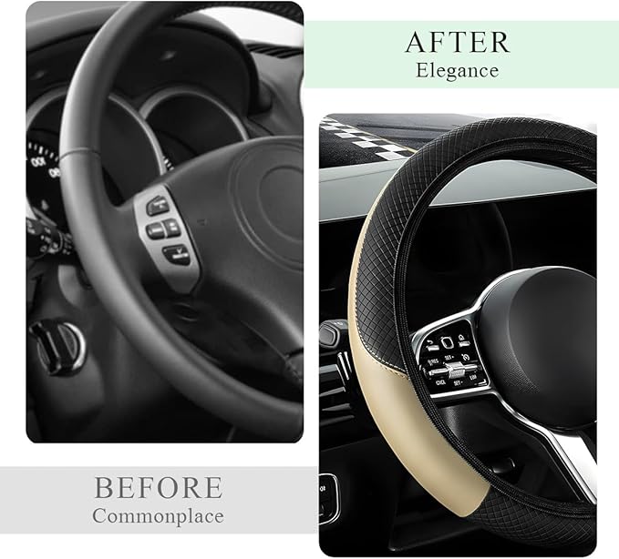 Elastic Car Steering Wheel Cover in Microfiber Leather Carbon Fiber, with Anti-Slip Lining, Interior Accessory (Beige, AD)