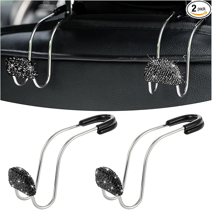 AUCELI Car Headrest Hook, 2 Pack Bling Backseat Organizer Hanger for Purse Clothes Grocery Bag, Rhinestones Auto Headrest Storage Holder, Universal Car Seat Accessories for Most Vehicle (Black)