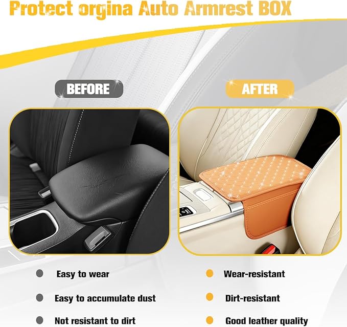 Car Center Console Cover, Leather Vehicle Armrest Storage Box Protector with 2 Storage Bags, Automotive Interior Middle Console Cushion Pad, Universal for SUV Sedan Truck (Yellow)