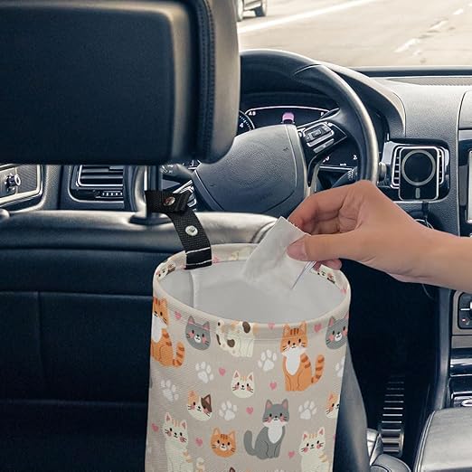 Cute Cats Car Trash Can Kitten Paws Waterproof Garbage Can Car-Seat Back Hanging Trash Bag Portable Camping Waste Bin Storage Bag Collapsible Rubbish Container for Car (5.9" W,7.2" H)