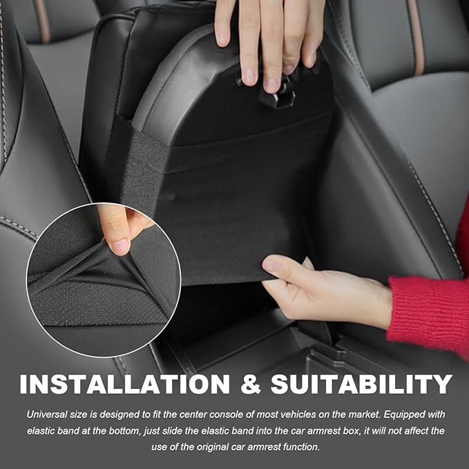 Car Center Console Cushion Pad, Comfy Leather Foam Car Armrest Console with Tissue Box, Universal Waterproof Car Armrest Cover with Height Increase, Car Armrest Accessories (Black)