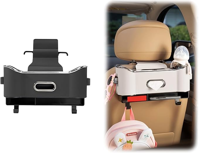 SEPSUMMER Multifunctional Car Backseat Organizer with Cup Holder, Tissue Box, Trash Bin & Hooks, 3-in-1 Back Seat Car Organizer for Hold Phones, Snacks, Drinks, and Handbags (Original Model - Black)
