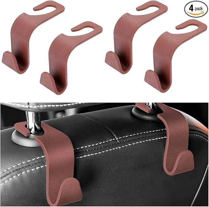 HZEL Car Seat Headrest Hook, 4PCS Vehicle Back Seat Hanger Hook for Purse Coat Umbrella, Multifunctional Auto Interior Storage Organizer Accessories, Universal for SUV RV Truck (Brown)