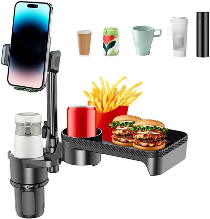 Cup Holder Tray for Car, Upgrade 4 in 1 Adjustable Detachable Car Food Table Tray with Solid Base & Phone Slot,Car Cup Holder Expander with 360°Rotation Tray for Travel Road Essential S