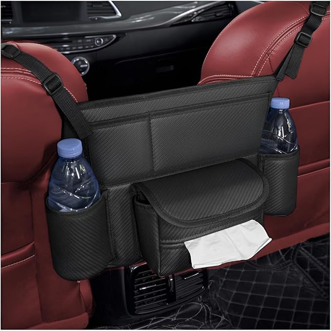 Car Handbag Holder Between Seats, Leather Large Capacity Vehicle Front Seat Storage Bag with Tissue Holder, Multi-Pocket Automotive Console Organizer, Universal for SUV RV Truck (Style2)